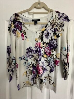 White House Black Market White Floral Button-Front Cardigan with Purple Accents